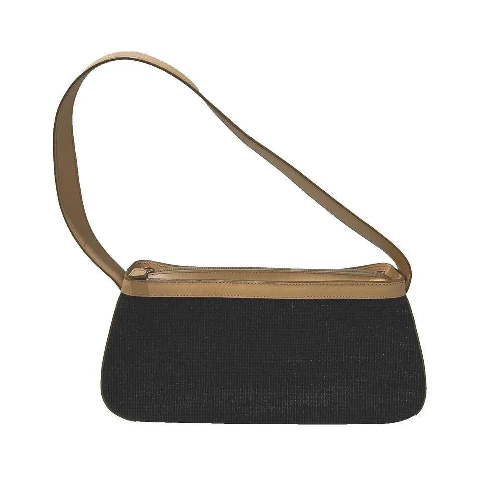 Tusk NY Women Brown Black Shoulder Handbag Zip Pockets Structured Woven Designer